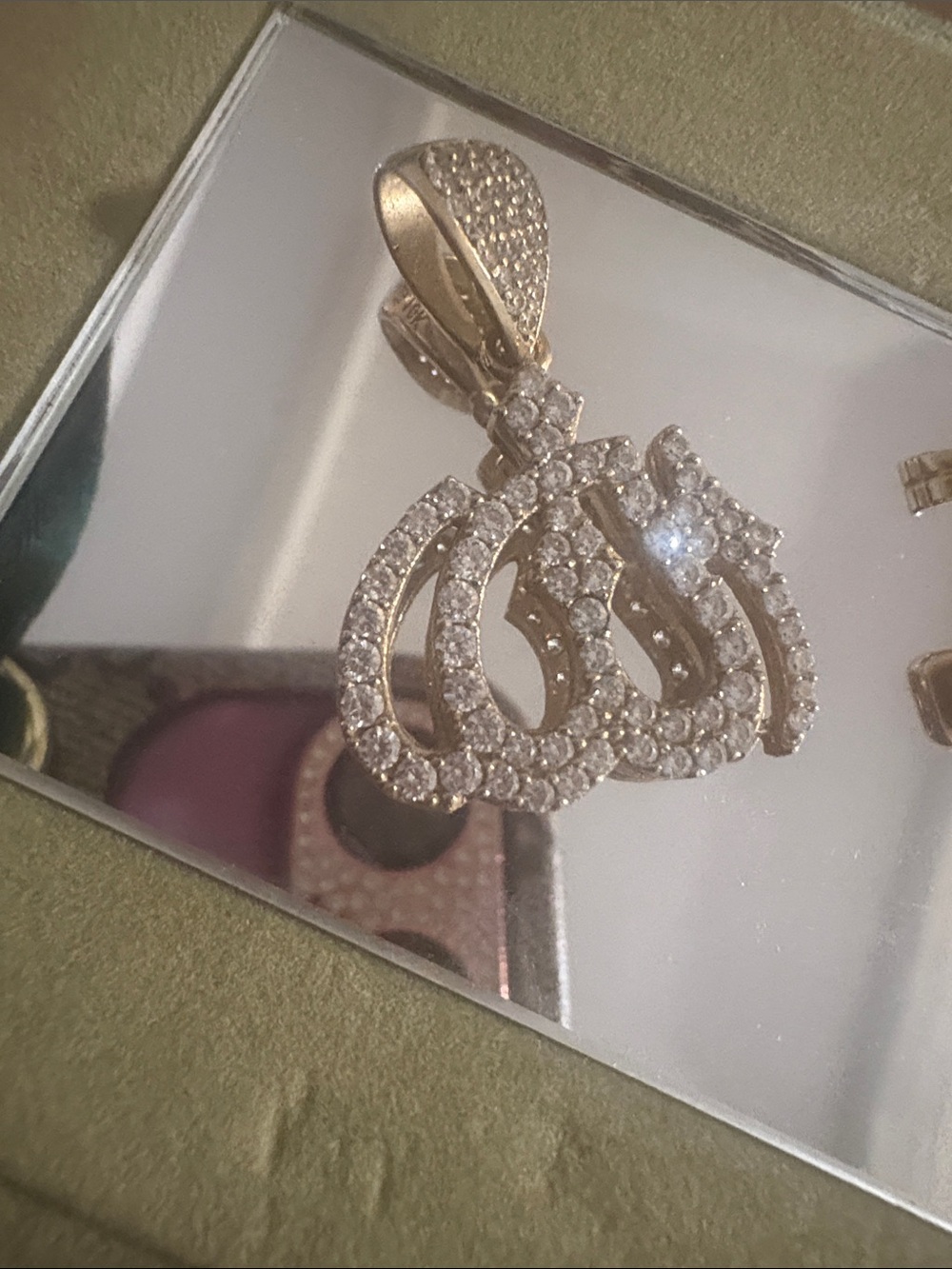 Real Vintage Gold 10K Arabic Calligraphy Pendant Necklace 1C natural diamonds.